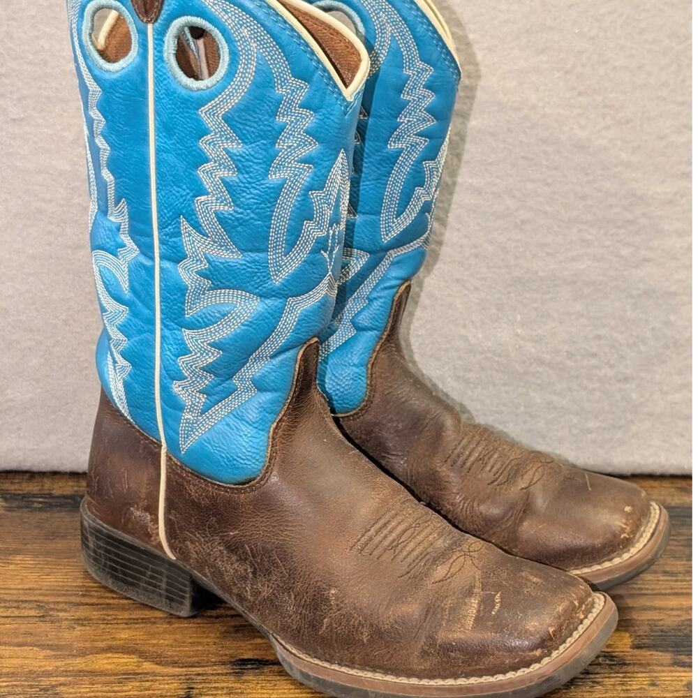 Tony Lama LL509 Brown & Blue Leather Western Cowboy Boots Youth size 2 D